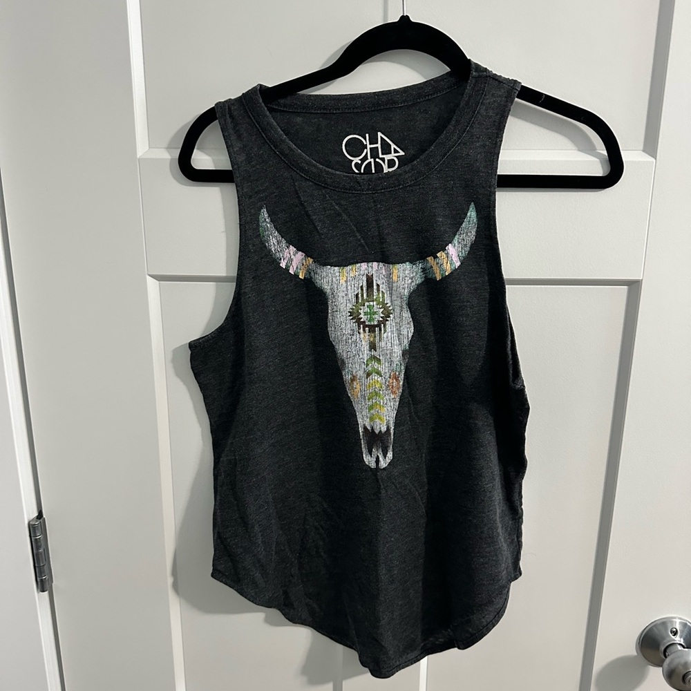 Chaser Charcoal Tank Top with Colorful Bull Skull Design
